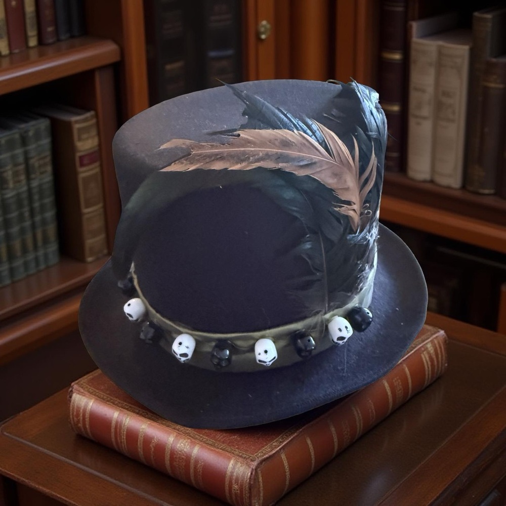 Black Felt Feathered Top Hat Halloween Skull Accents for Cosplay - Picture 8 of 11